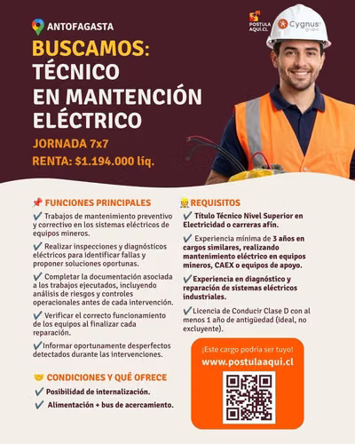 Técnico Eléctrico 1F Equipos Mineros Antofagasta / $1.190.000 Líquidos