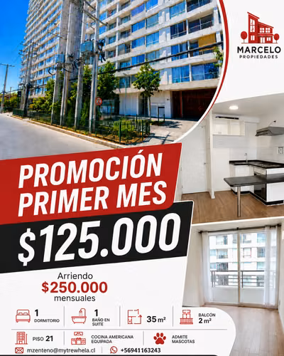 Departamento 1D + 1B en Piso 21 | Primer Mes a $125.000 | Estación Central