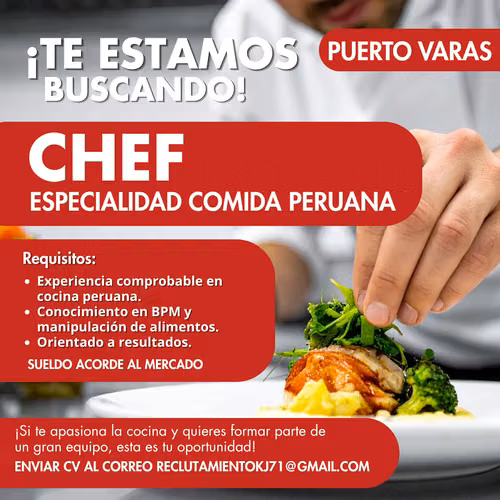 Chef especialidad comida peruana y Chef parrillero.