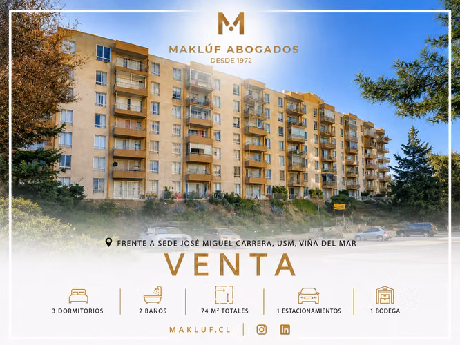 Departamento 3 dormitorios en venta, frente a sede José Miguel Carrera, USM, Viña del Mar