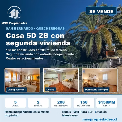 Amplia casa 5D/2B 4 est. con dpto independiente San Bernardo
