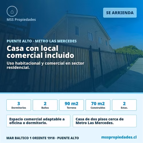 Casa 3 Dorm Local Comercial Metro Las Mercedes Puente Alto