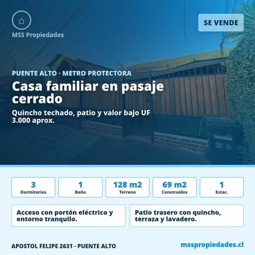 Casa 3 Dorm Pasaje Cerrado Metro Protectora Puente Alto