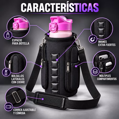 Bolso Magnético Negro Para Botella De Agua Con Correa Ajusta.