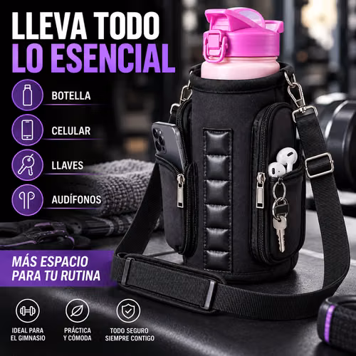 Bolso Magnético Negro Para Botella De Agua Con Correa Ajusta.