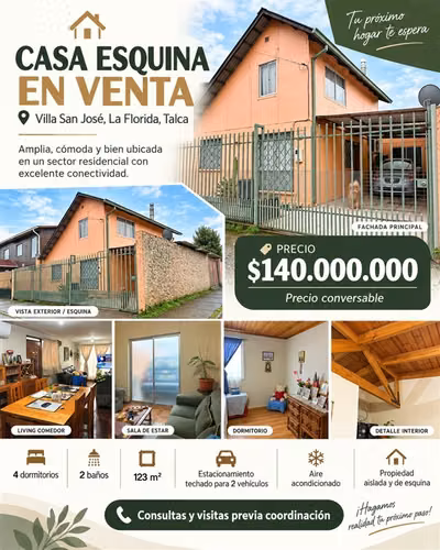 CASA ESQUINA EN VENTA VILLA SAN JOSÉ, TALCA