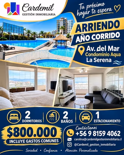 Arriendo Año Corrido, Condominio Aqcua, 2D Y 2B, Av del Mar