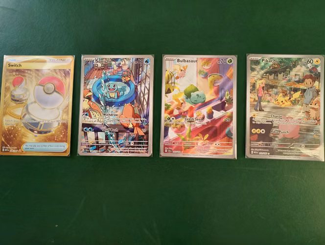 TCG Pokémon: Pikachu 173/165, Squirtle 148/142, Bulbasaur 143/142 + otras 25 cartas