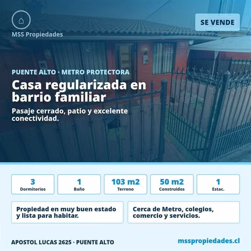 Casa 3 Dorm Pasaje Cerrado Metro Protectora Puente Alto