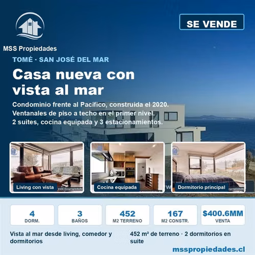 Casa 4 Dorm Suite Vista al Mar Condominio San Jose Tome