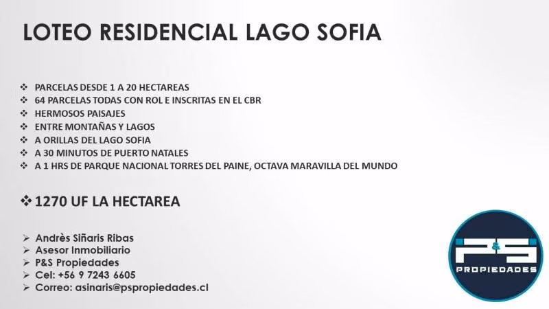Parcelas Lago Sofía, Puerto Natales: de 1 a 20 hectáreas con rol e inscritas (UF 1.670 por hectárea)