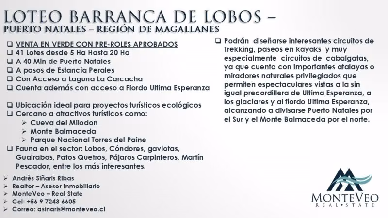 Loteo rural Barranca de Lobos, Puerto Natales: parcelas de 5 a 20 hectáreas (UF 780 por hectárea)