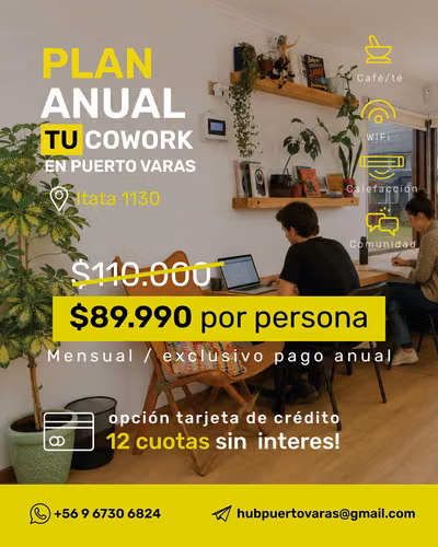COWORK DISPONIBLE EN PUERTO VARAS PLAN SEMETRAL 520000