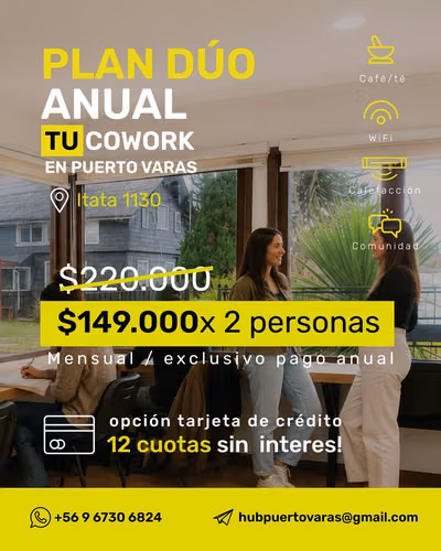 COWORK DISPONIBLE EN PUERTO VARAS PLAN SEMETRAL 520000
