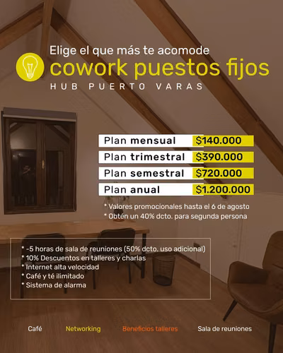 COWORK DISPONIBLE EN PUERTO VARAS PLAN SEMETRAL 520000