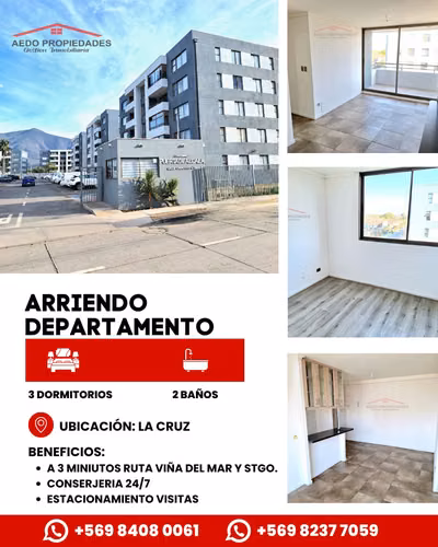 Se Arrienda Lindo Departamento, Condominio Puerta de Alcala 1, P12, comuna La Cruz.