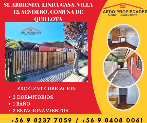 Se Arrienda Funcional Casa, Villa El Sendero, comuna de Quillota.