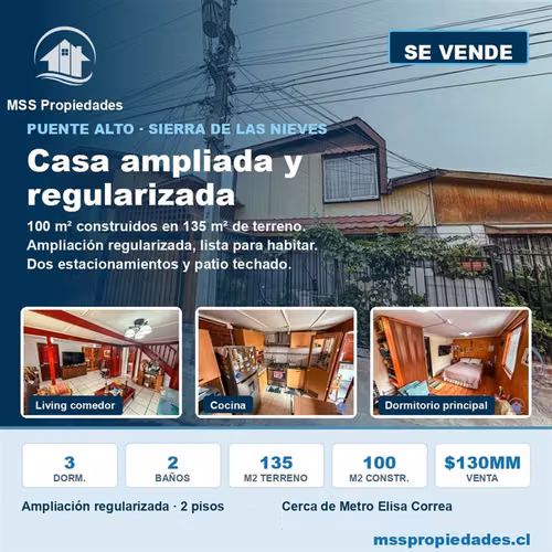 Casa Ampliada 3D 2B regularizada cerca Metro Elisa Correa