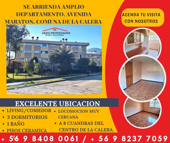 Se Arrienda Amplio Departamento, Avenida Maraton, comuna de La Calera.