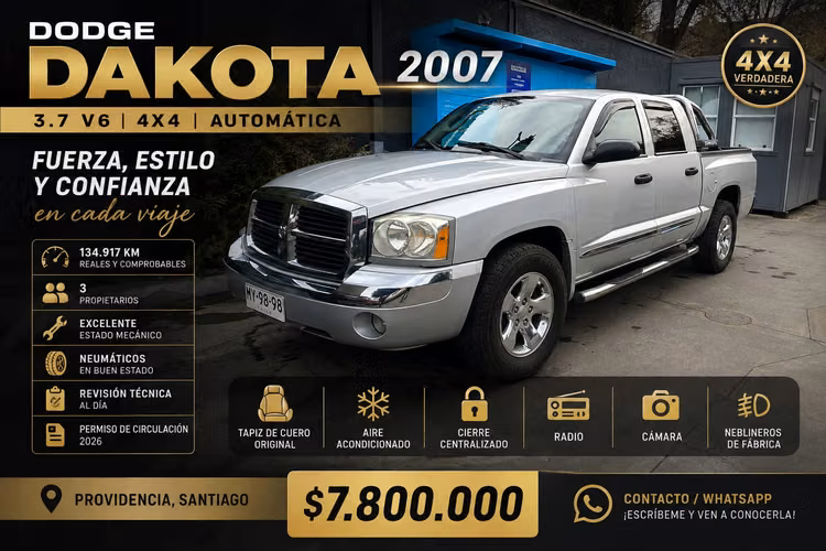 ¡SE VENDE DODGE DAKOTA 2007 4X4 AUTOMÁTICA! 3.7 V6 | 4X4 | AUTOMÁTICA | 134.917 KM