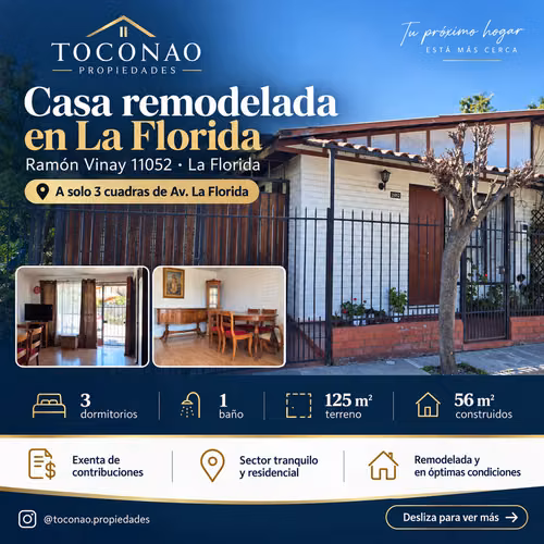Vive a 3 Cuadras de Av. La Florida – Casa 3D + 1B, Remodelada