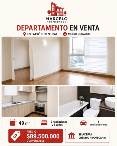 Departamento 49 m² a pasos Metro Ecuador + Estacionamiento