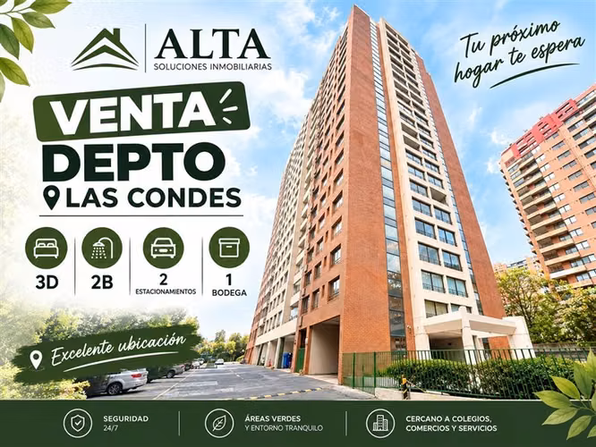 Depto en venta de 3 dorm. 2 baños en Las Condes