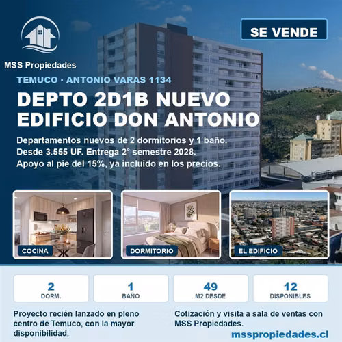 Departamento en venta de 2 dorm. en Temuco