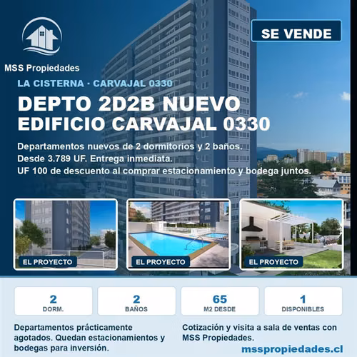 Depto 2 Dorm 2 Baños Edificio Carvajal 0330 La Cisterna