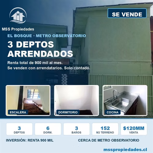 Inversión 3 Departamentos Arrendados Renta 900 Mil El Bosque - Imagen 1
