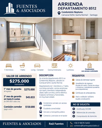 ARRIENDO DEPARTAMENTO 1D + 1B – QUINTA NORMAL