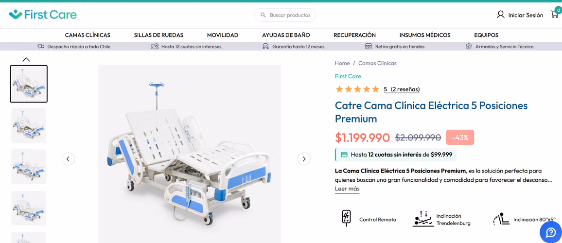 cama clínica eléctrica 5 posiciones premium