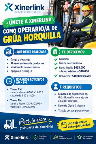 Operario/a de Grúa Horquilla día 733.000 Pudahuel - Bus de acercamiento - Colación