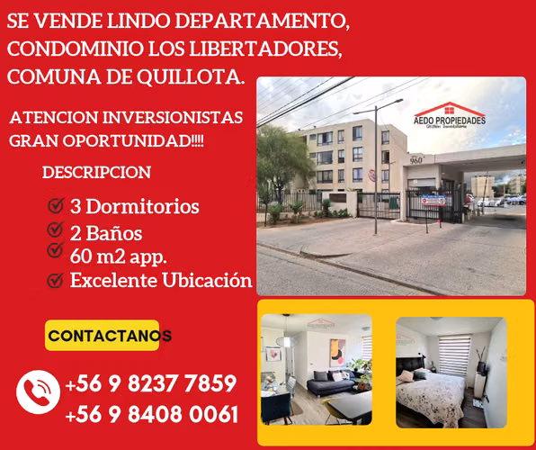 Se Vende Funcional y Lindo Departamento, Condominio Los Libertadores, comuna de Quillota.