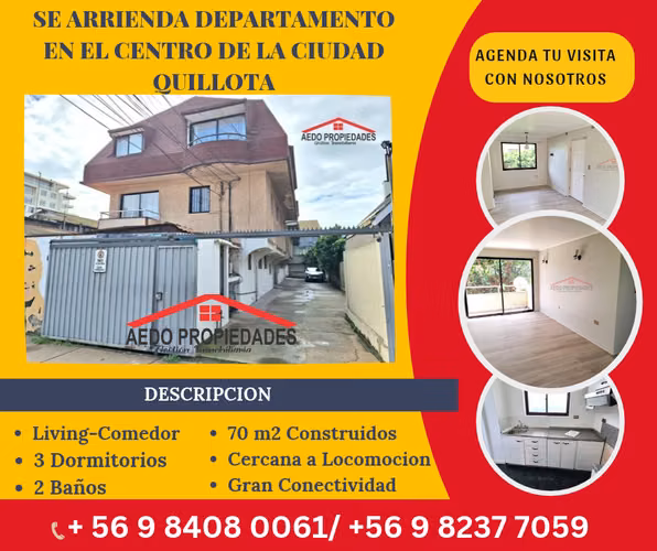 Se Arrienda Lindo Departamento, calle Ohiggins en Céntrico Edificio, Ciudad de Quillota.