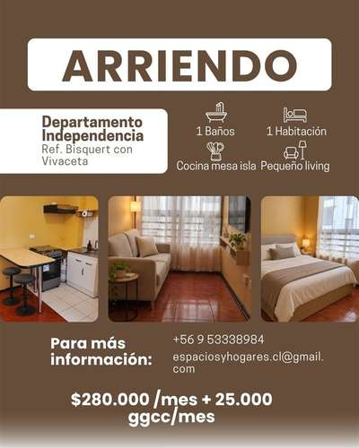Departamento en arriendo de 1 dorm. en Independencia