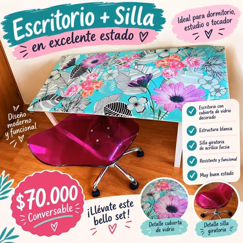 Escritorio vidrio + Silla acrílico JUST HOME COLECTION