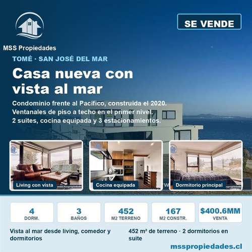 Casa 4 Dorm Suite Vista al Mar Condominio San Jose Tome