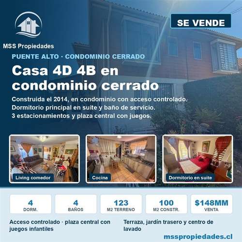 Casa 4D 4B en Condominio Cerrado 3 Estac. Puente Alto