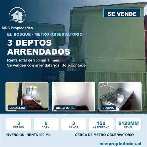 Inversión 3 Departamentos Arrendados Renta 900 Mil El Bosque