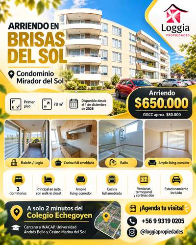 Arriendo depa Mirador del Sol primer piso Brisas del Sol 3d/2b/1e entrega 01 diciembre