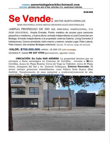 CERRILLOS, AMPLIA PROPIEDAD DE 500 m2; INMUEBLE, HABITACIONAL Y/O  SEMI INDUSTRIAL
