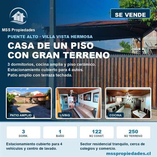 Casa 3 Dorm 250 m2 Terreno 4 Estac Vista Hermosa Puente Alto