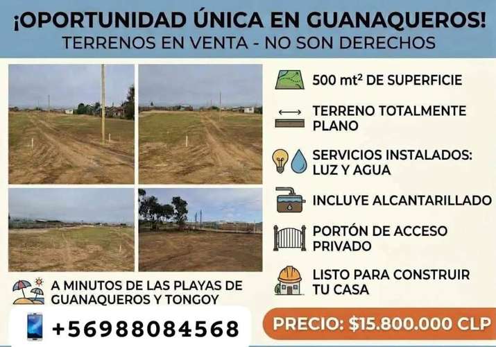Terreno 500m2 Guanaqueros agua,alcantarillado y luz