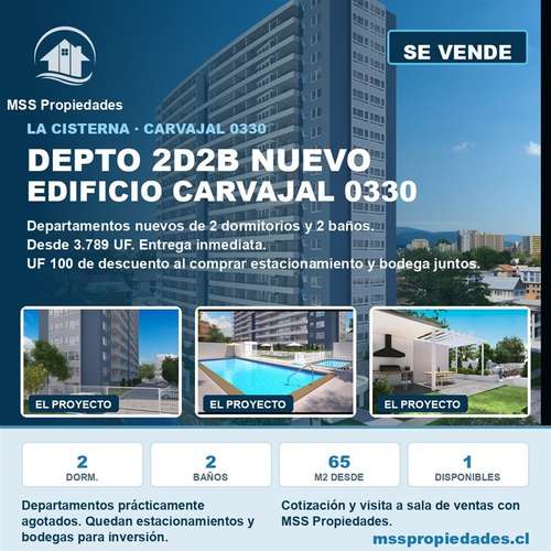 Depto 2 Dorm 2 Baños Edificio Carvajal 0330 La Cisterna