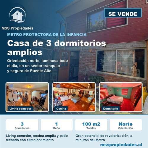 Casa 3 Dorm Patio Techado Metro Protectora Puente Alto