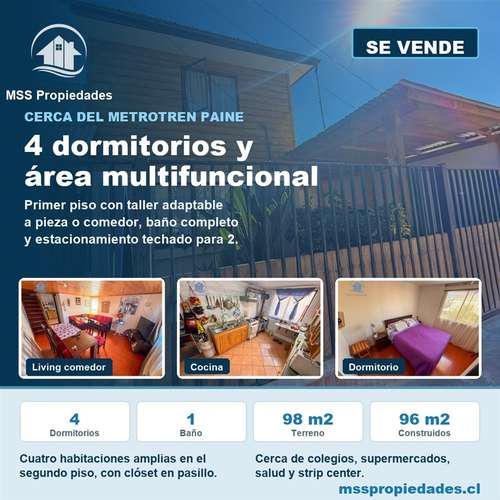 Casa 4 Dorm Estac Techado 2 Pisos Metrotren Paine