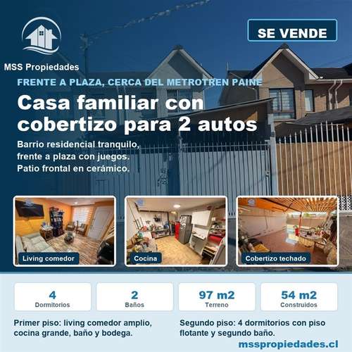 Casa 4 Dorm Cobertizo Frente a Plaza Metrotren Paine