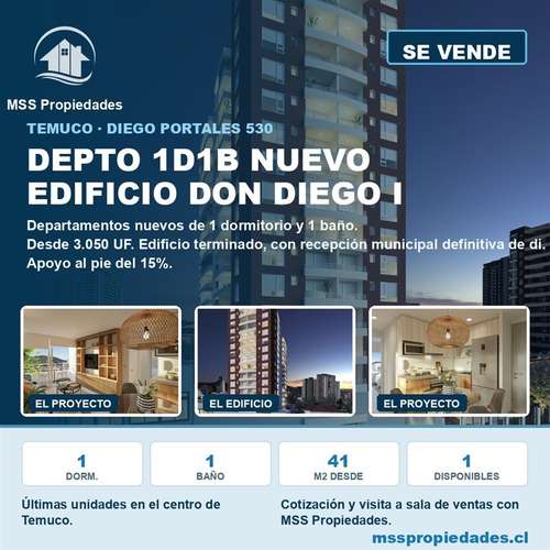 Depto 1 Dorm 1 Baño Edificio Don Diego I Temuco