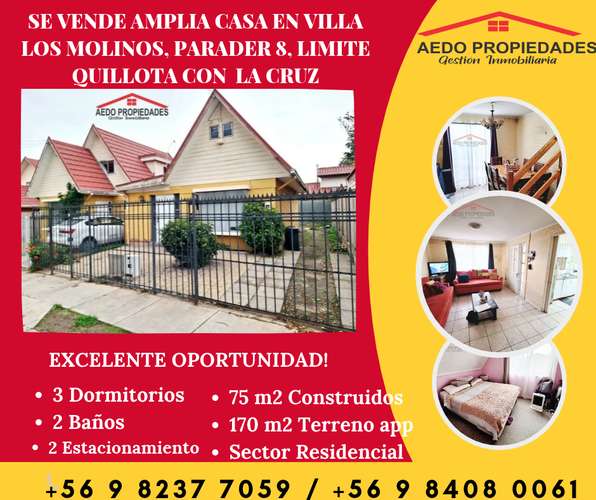 Se Vende Amplia y Confortable Casa, Villa Los Molinos, Paradero 8, comuna Quillota.